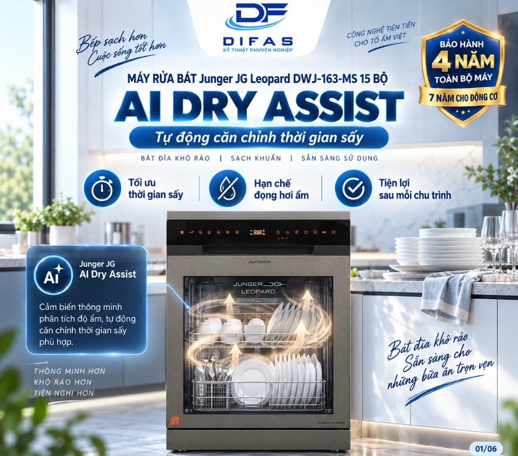 Máy rửa bát Junger DWJ-163-MS AI DRY ASSIST