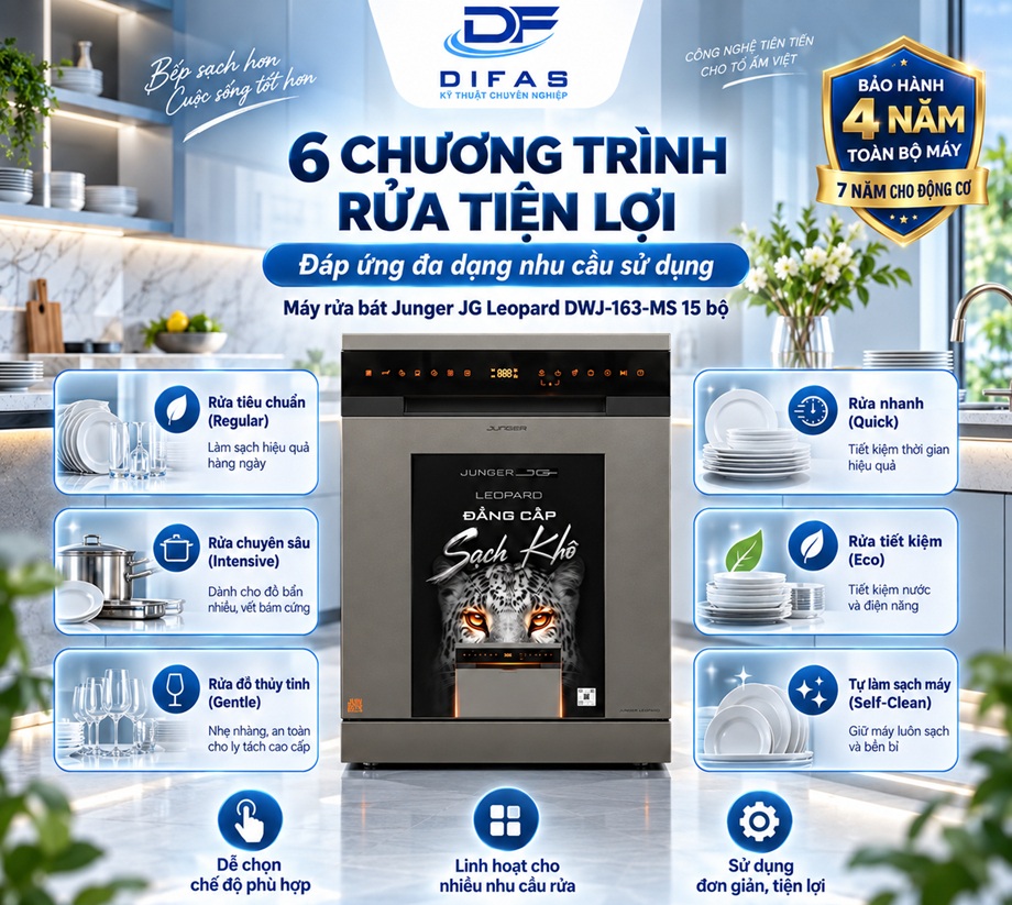 Máy Rửa Bát Junger Leopard DWJ-163-MS 6 chương trình